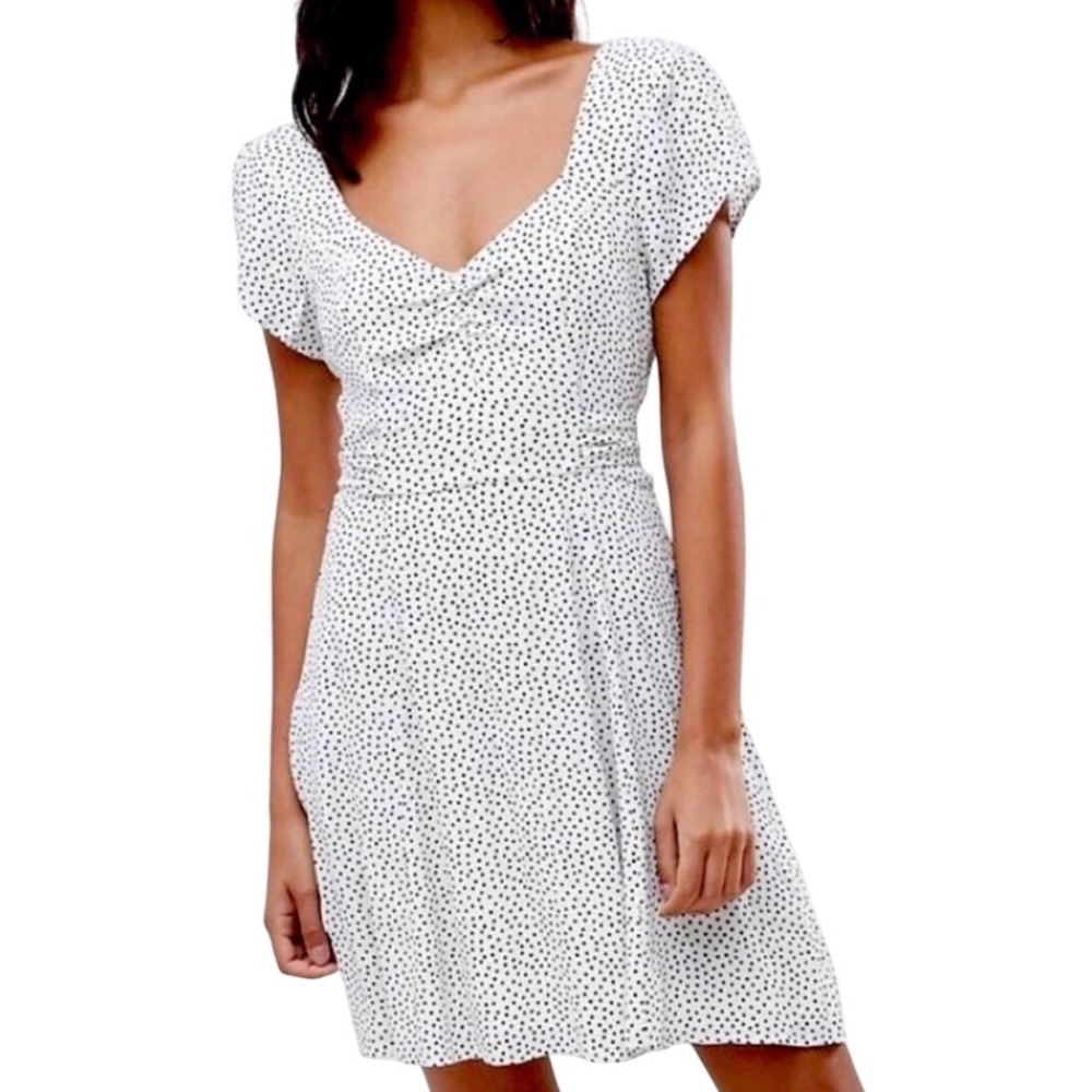 Abercrombie & Fitch White Black Polka Dot Smocked Back Bow Mini Dress Small Tall